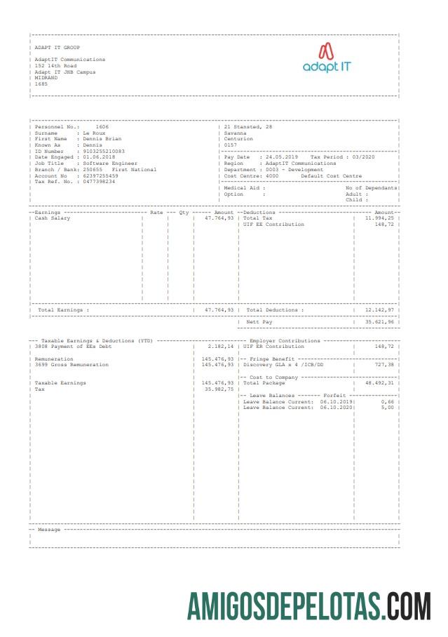 Recibo de pagamento do grupo Adapt ID exemplo